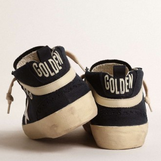 Golden Goose Mid Star Sneakers In Blue Cotton With Silver Star And Leather Flash GWF00122.F004528.50778