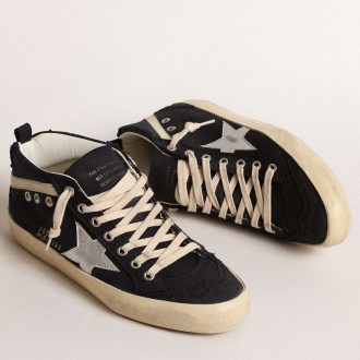 Golden Goose Mid Star Sneakers In Blue Cotton With Silver Star And Leather Flash GWF00122.F004528.50778