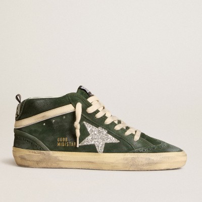 Golden Goose Mid Star Sneakers In Green Suede With Silver Glitter Star And Leather Flash GWF00122.F005972.35890