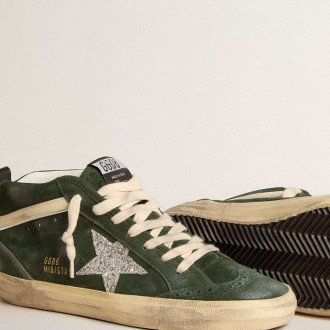 Golden Goose Mid Star Sneakers In Green Suede With Silver Glitter Star And Leather Flash GWF00122.F005972.35890