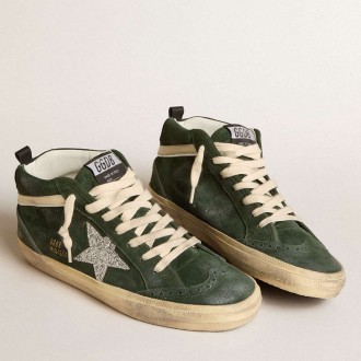 Golden Goose Mid Star Sneakers In Green Suede With Silver Glitter Star And Leather Flash GWF00122.F005972.35890