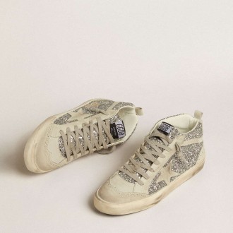 Golden Goose Mid Star Sneakers In Silver Glitter With Ice-gray Suede Star And Flash GWF00122.F005257.70136