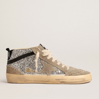 Golden Goose Mid Star Sneakers In Silver Glitter With Suede Star And Black Flash GWF00122.F004554.70211