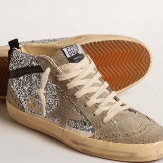 Golden Goose Mid Star Sneakers In Silver Glitter With Suede Star And Black Flash GWF00122.F004554.70211