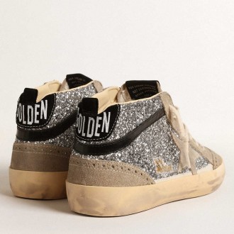 Golden Goose Mid Star Sneakers In Silver Glitter With Suede Star And Black Flash GWF00122.F004554.70211