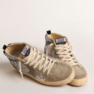 Golden Goose Mid Star Sneakers In Silver Glitter With Suede Star And Black Flash GWF00122.F004554.70211