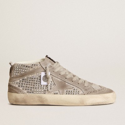 Golden Goose Mid Star Sneakers In Silver Suede With Swarovski Crystals And Suede Star GWF00122.F005971.70100