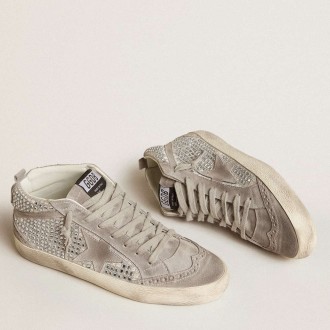 Golden Goose Mid Star Sneakers In Silver Suede With Swarovski Crystals And Suede Star GWF00122.F005971.70100