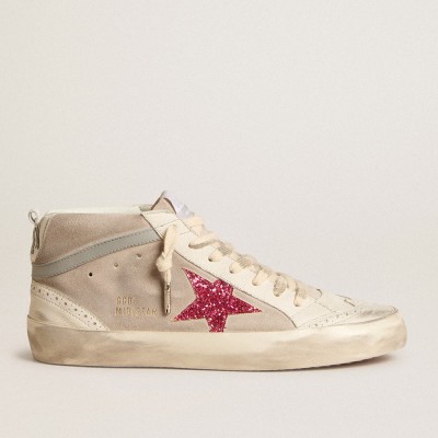 Golden Goose Mid Star Sneakers In Suede With Fuchsia Glitter Star And Gray Leather Flash GWF00122.F005975.11877