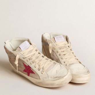 Golden Goose Mid Star Sneakers In Suede With Fuchsia Glitter Star And Gray Leather Flash GWF00122.F005975.11877