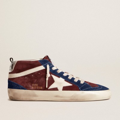 Golden Goose Mid Star Sneakers In Wine-red Suede With White Nappa Star And Flash GMF00122.F006032.40489