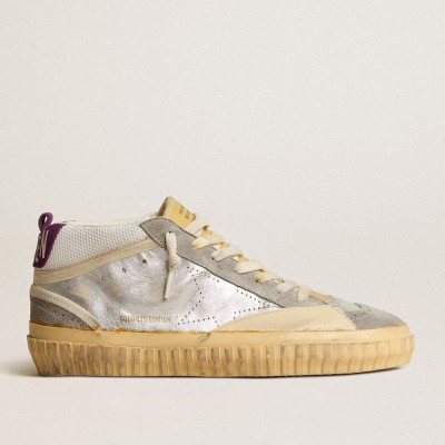 Golden Goose Mid Star Sneakers LAB In Silver Metallic Leather And Mesh With Perforated Star GMF00507.F004361.70270