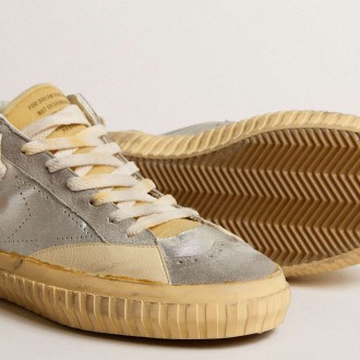 Golden Goose Mid Star Sneakers LAB In Silver Metallic Leather And Mesh With Perforated Star GMF00507.F004361.70270