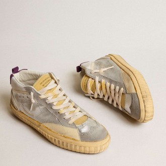 Golden Goose Mid Star Sneakers LAB In Silver Metallic Leather And Mesh With Perforated Star GMF00507.F004361.70270