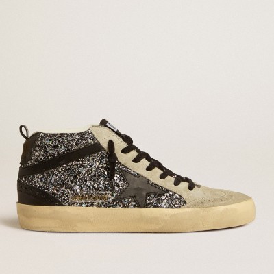 Golden Goose Mid Star Sneakers LTD In Black Glitter With Black Leather Star And Flash GWF00122.F005215.90184