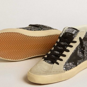 Golden Goose Mid Star Sneakers LTD In Black Glitter With Black Leather Star And Flash GWF00122.F005215.90184