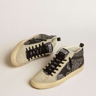 Golden Goose Mid Star Sneakers LTD In Black Glitter With Black Leather Star And Flash GWF00122.F005215.90184