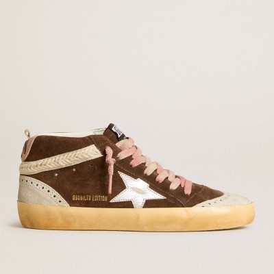 Golden Goose Mid Star Sneakers LTD In Brown Suede With Silver Nappa Leather Star And Cream Flash GWF00122.F005939.55598