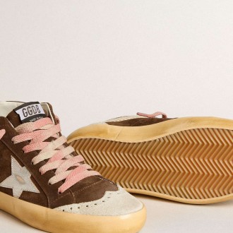 Golden Goose Mid Star Sneakers LTD In Brown Suede With Silver Nappa Leather Star And Cream Flash GWF00122.F005939.55598