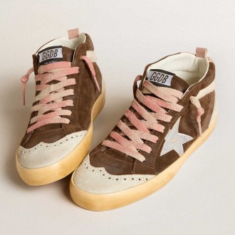 Golden Goose Mid Star Sneakers LTD In Brown Suede With Silver Nappa Leather Star And Cream Flash GWF00122.F005939.55598