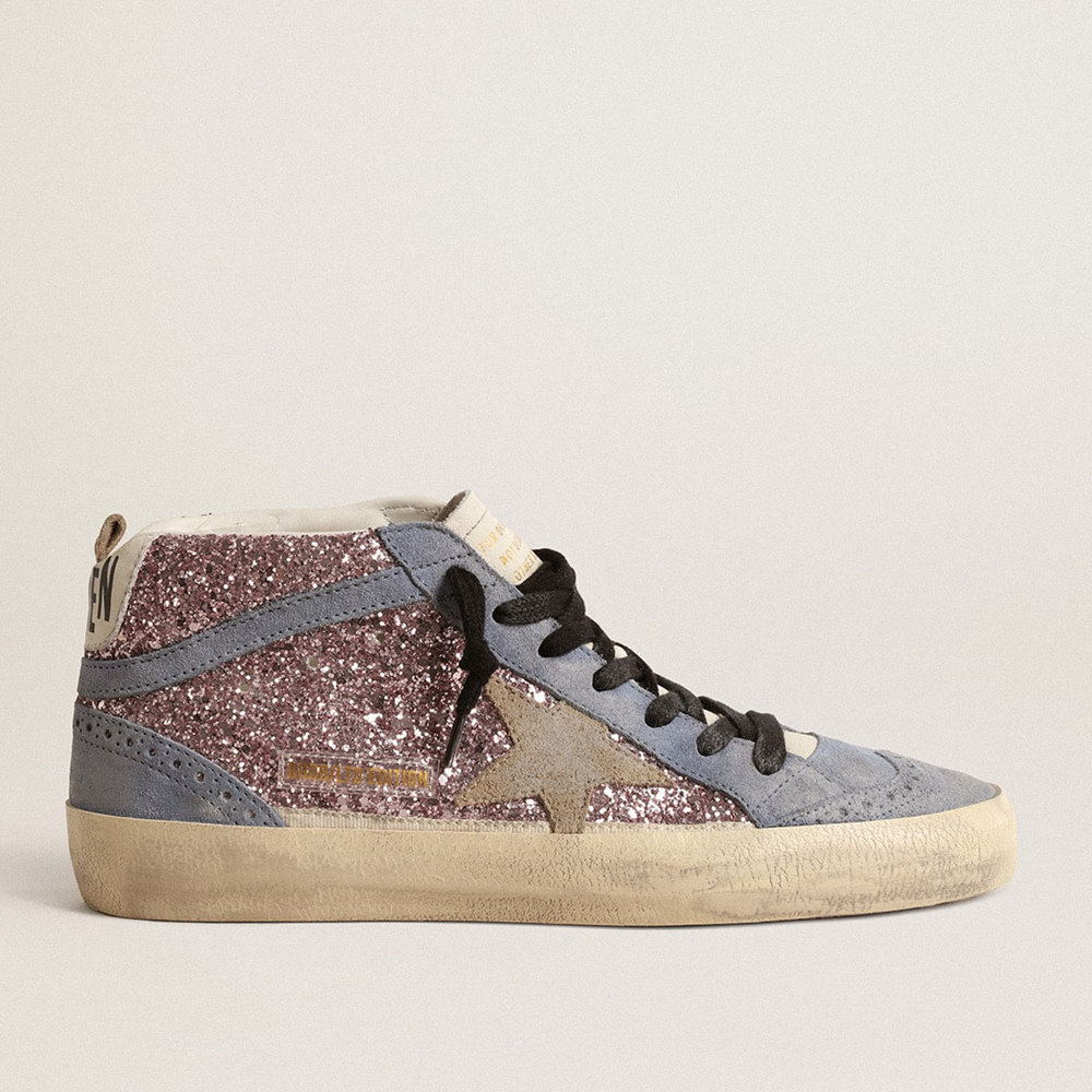 Golden Goose Mid Star Sneakers LTD In Lilac Glitter With Light Blue Suede Inserts GWF00122.F004553.82289