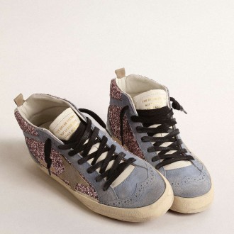 Golden Goose Mid Star Sneakers LTD In Lilac Glitter With Light Blue Suede Inserts GWF00122.F004553.82289