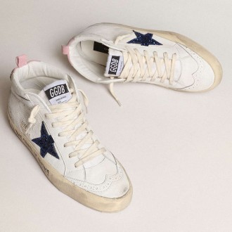 Golden Goose Mid Star Sneakers With Blue Glitter Star And Pink Suede Heel Tab GWF00122.F003979.11355