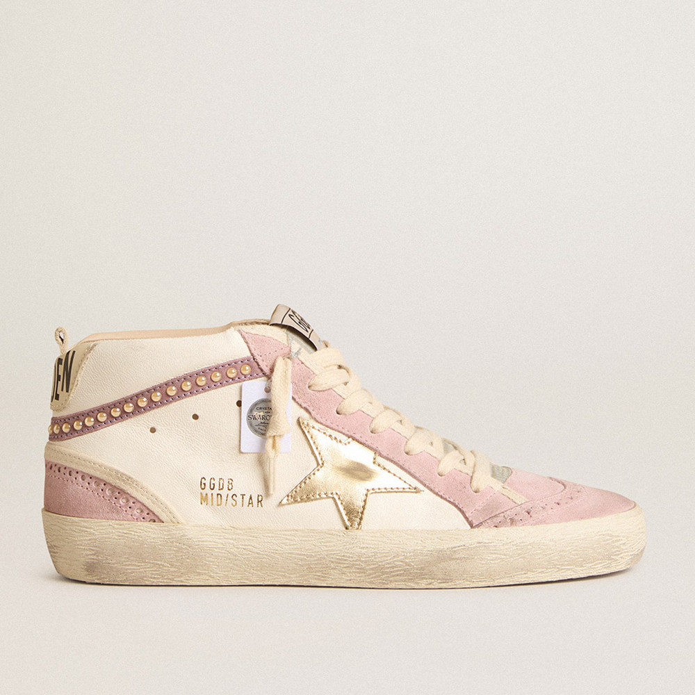 Golden Goose Mid Star Sneakers With Gold Leather Star And Pink Suede Flash With Pearls GWF00122.F005915.82664