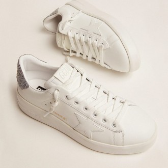 Golden Goose Purestar Sneakers In White Leather With Silver Swarovski Crystal Heel Tab GWF00197.F002027.80185