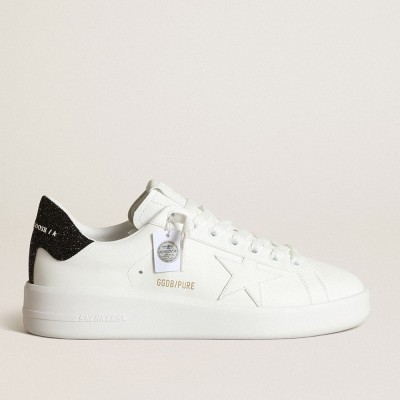 Golden Goose Purestar Sneakers In White Leather With Tone-on-tone Star And Heel Tab In Black Swarovski Crystals GWF00197.F003431.10283