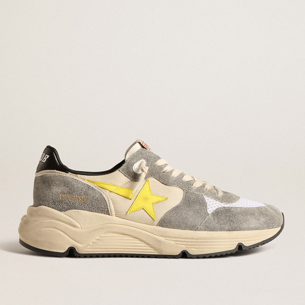 Golden Goose Running Sole Shoes In Beige Nylon And Gray Suede With Yellow Star GMF00215.F004615.11519