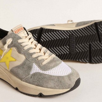 Golden Goose Running Sole Shoes In Beige Nylon And Gray Suede With Yellow Star GMF00215.F004615.11519