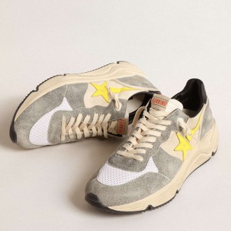 Golden Goose Running Sole Shoes In Beige Nylon And Gray Suede With Yellow Star GMF00215.F004615.11519