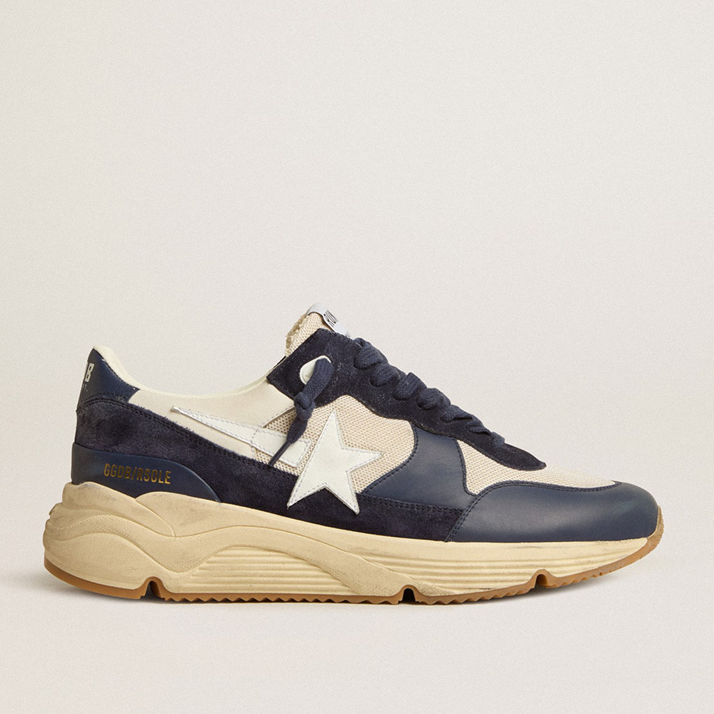 Golden Goose Running Sole Shoes In Cream Mesh And Blue Leather With A White Leather Star GMF00671.F005279.50823