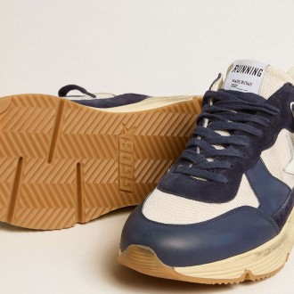 Golden Goose Running Sole Shoes In Cream Mesh And Blue Leather With A White Leather Star GMF00671.F005279.50823