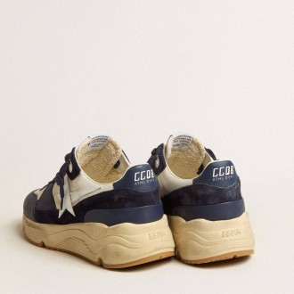 Golden Goose Running Sole Shoes In Cream Mesh And Blue Leather With A White Leather Star GMF00671.F005279.50823