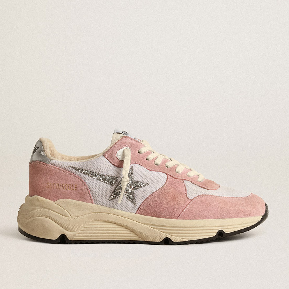 Golden Goose Running Sole Shoes In Gray Mesh And Suede With Silver Glitter Star GWF00215.F004524.25648