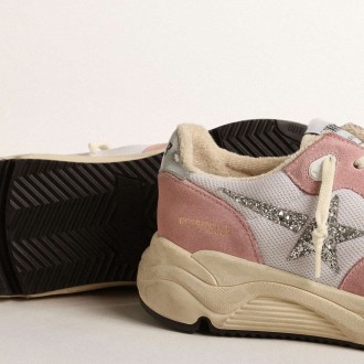 Golden Goose Running Sole Shoes In Gray Mesh And Suede With Silver Glitter Star GWF00215.F004524.25648