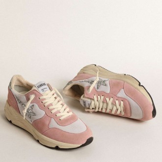 Golden Goose Running Sole Shoes In Gray Mesh And Suede With Silver Glitter Star GWF00215.F004524.25648