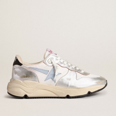 Golden Goose Running Sole Shoes In Nylon And Silver Metallic Leather With Light Blue Star GWF00458.F003982.70255