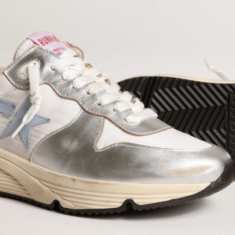 Golden Goose Running Sole Shoes In Nylon And Silver Metallic Leather With Light Blue Star GWF00458.F003982.70255