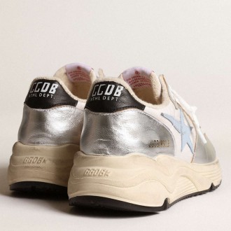 Golden Goose Running Sole Shoes In Nylon And Silver Metallic Leather With Light Blue Star GWF00458.F003982.70255