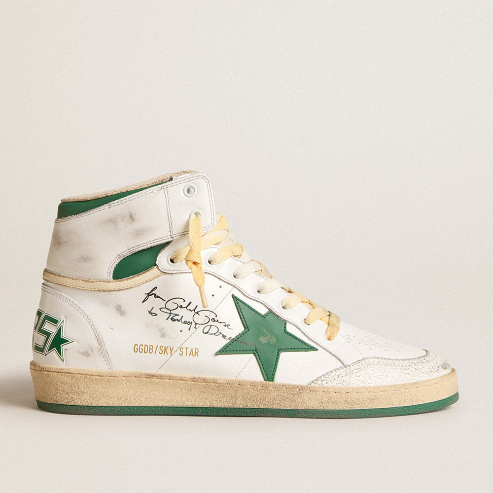 Golden Goose Sky-Star Sneakers In White Leather With Green Leather Star GMF00230.F005843.10502