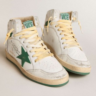 Golden Goose Sky-Star Sneakers In White Leather With Green Leather Star GMF00230.F005843.10502