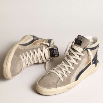 Golden Goose Slide Sneakers In Beige Mesh And Nylon With Blue Leather Star And Flash GMF00116.F003981.81994