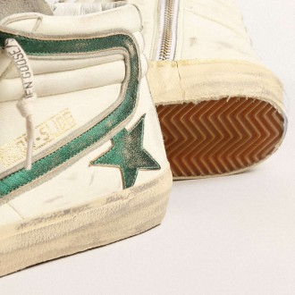 Golden Goose Slide Sneakers In Beige Nappa With Green Laminated Leather Star And Flash GMF00115.F004002.81997