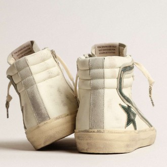 Golden Goose Slide Sneakers In Beige Nappa With Green Laminated Leather Star And Flash GMF00115.F004002.81997