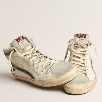 Golden Goose Slide Sneakers In Beige Nappa With Green Laminated Leather Star And Flash GMF00115.F004002.81997