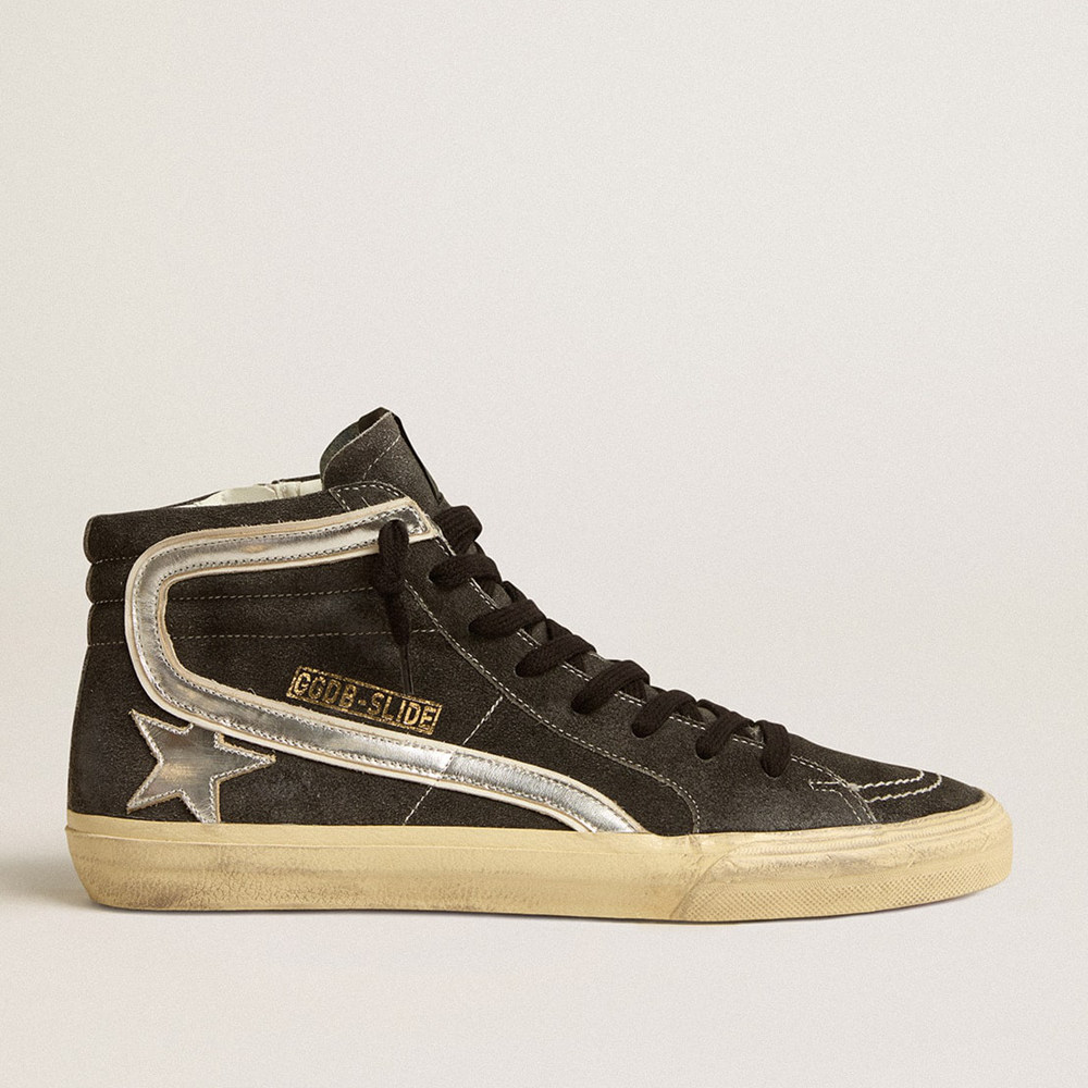 Golden Goose Slide Sneakers In Black Suede With Silver Metallic Leather Star And Flash GMF00115.F005260.90179