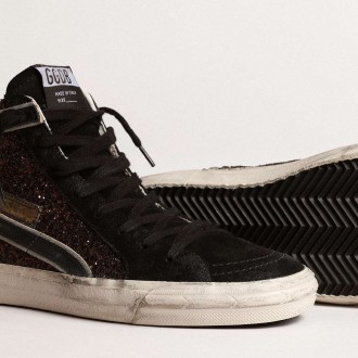 Golden Goose Slide Sneakers In Brown Glitter With Black Leather Star And Flash GWF00115.F003977.81993